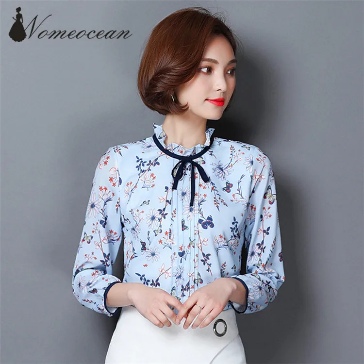 Ruffle Stand Collar Ribbon Lace up Chiffon Blouses 2017 Spring and