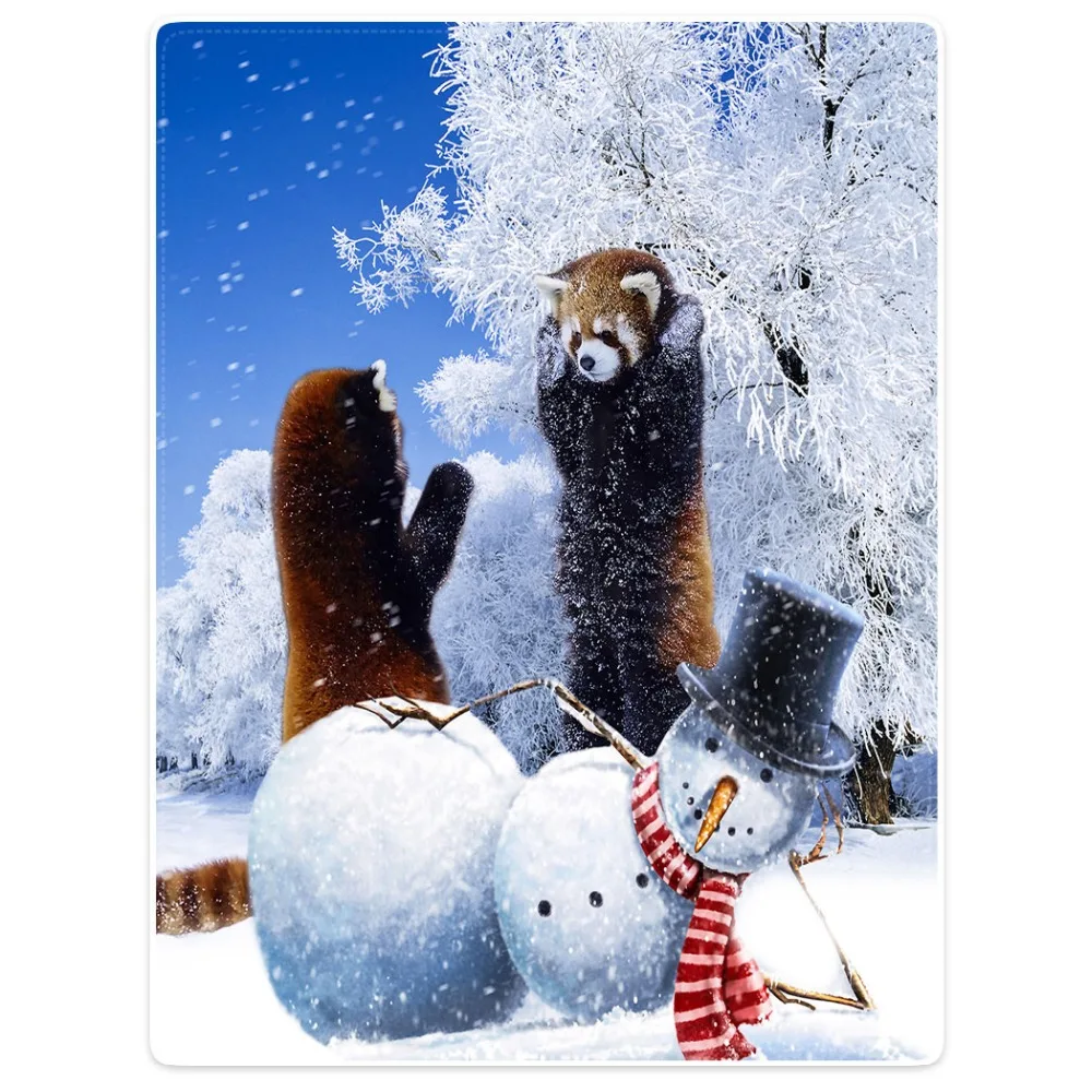 

HommomH Blanket Throw Comfort Warm Soft Plush Throw For Sofa Red Panda Snowman Playing Humor Tree Hat