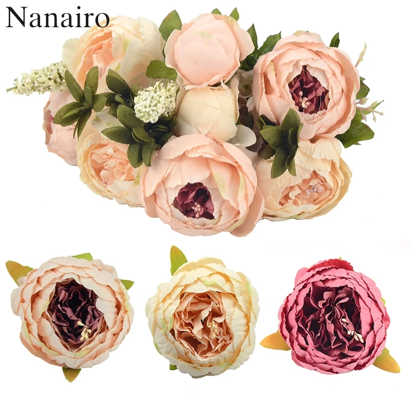 

1 pcs Hight Quality European Silk Peony Heads Fall Vivid Fake Leaf Artificial Flowers For Wedding Home Party Decoration Cheap