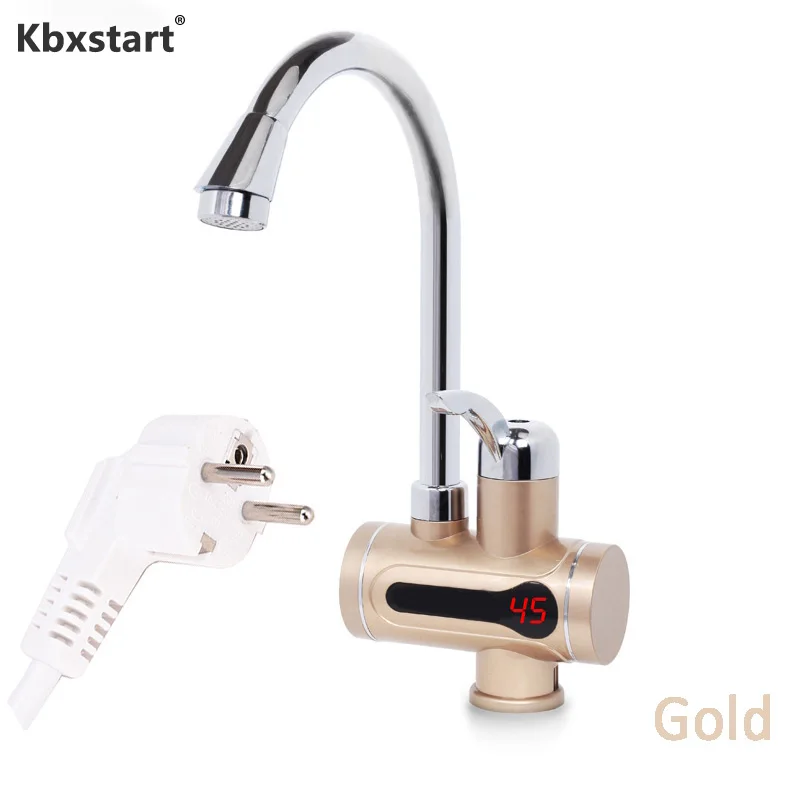

EU Plug Gold Faucet Water Heater Kran Instant Tankless Hotwater Boiler Kraan Kitchen Heating Crane With LED Light Kocher Bib Tap