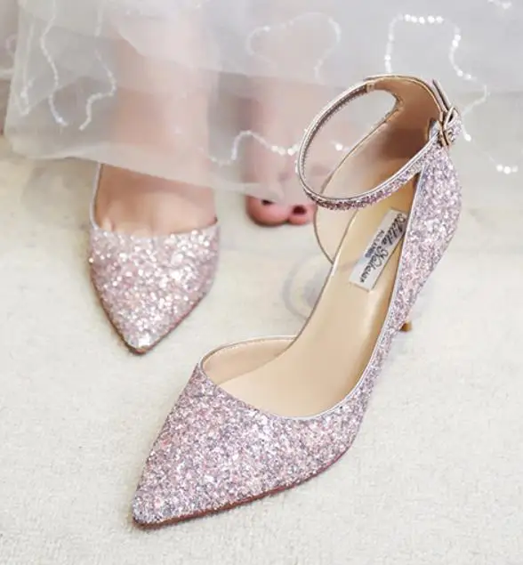 

Spring and summer new fashion side thin sequins crystal wedding dress high heels