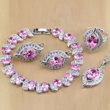 Винтажные 925 пробы серебряные ювелирные изделия розовый циркон Ювелирные наборы для женщин Свадебные серьги/кулон/ожерелье/кольца/браслет