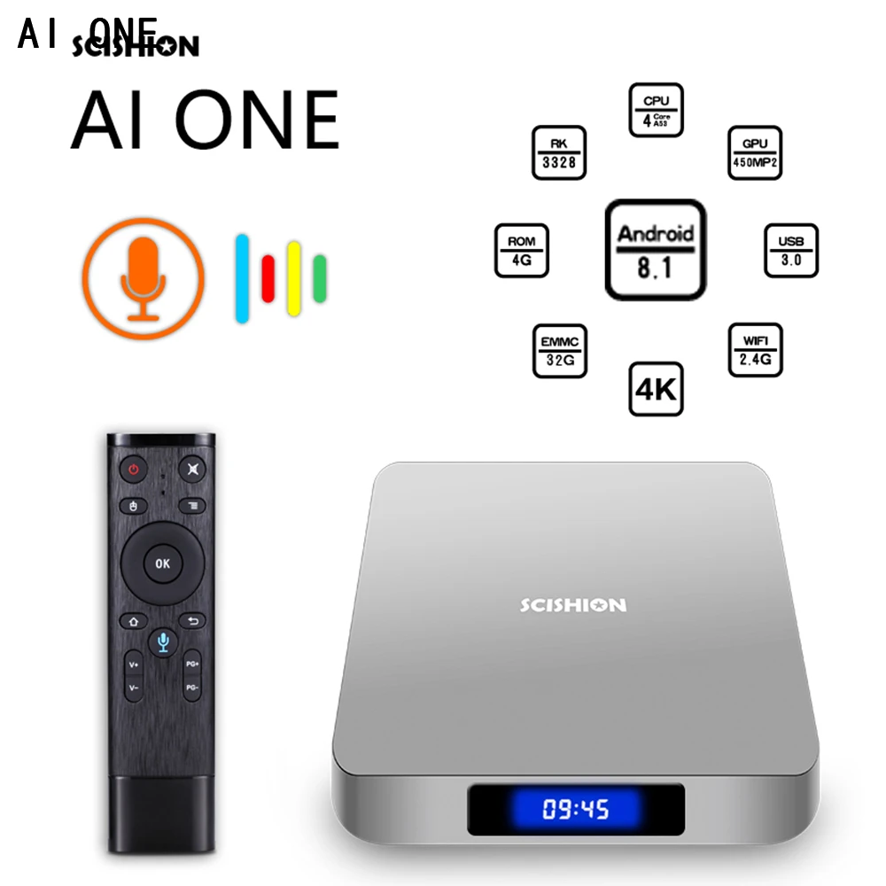 

SCISHION TV Box Model S AI ONE V99 Hero Android 8.1 2.4G WiFi 100Mbps Smart 4K Media Player Dual Wifi Voice Remote Set Up Boxes
