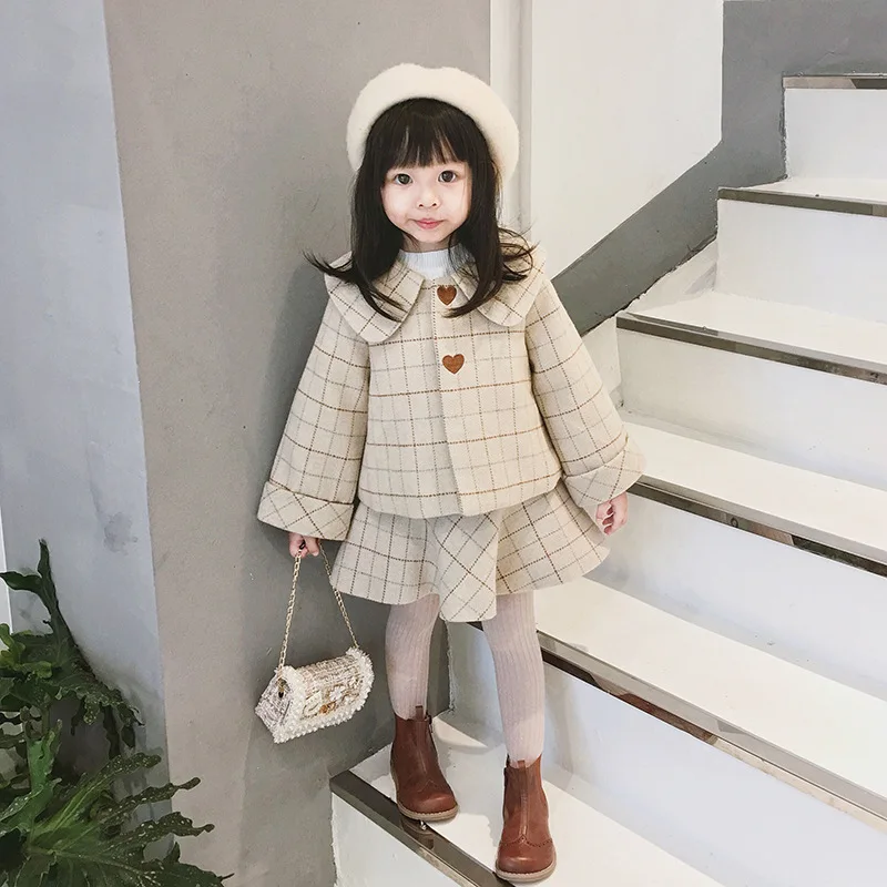 

Baby Girl Kids Winter Clothing Set Plaid Dress+Coat 2PCS Set,Girls Children Fashion Thickening Suits