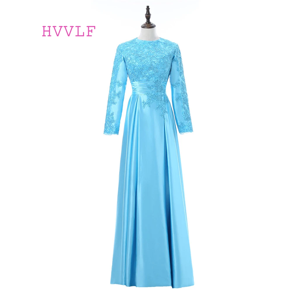 

Turquoise 2019 Muslim Evening Dresses A-line Long Sleeves Appliques Lace Islamic Dubai Abaya Long Evening Gown Saudi Arabia