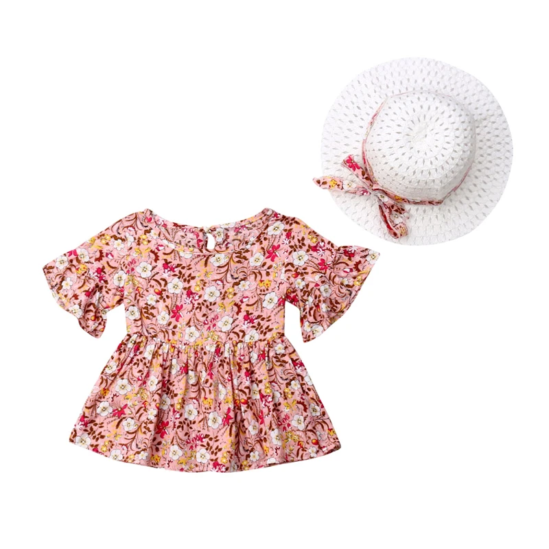 Коллекция года, блузка для маленьких девочек хлопковый топ с короткими рукавами, круглым вырезом и милым цветком, вечерние шапки