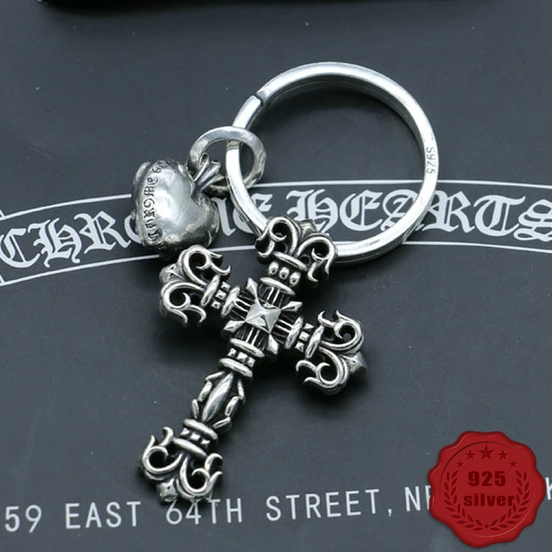 

925 sterling silver key chain personality fashion retro punk style heart-shaped hollow cross shape gift 2018 new hot sale