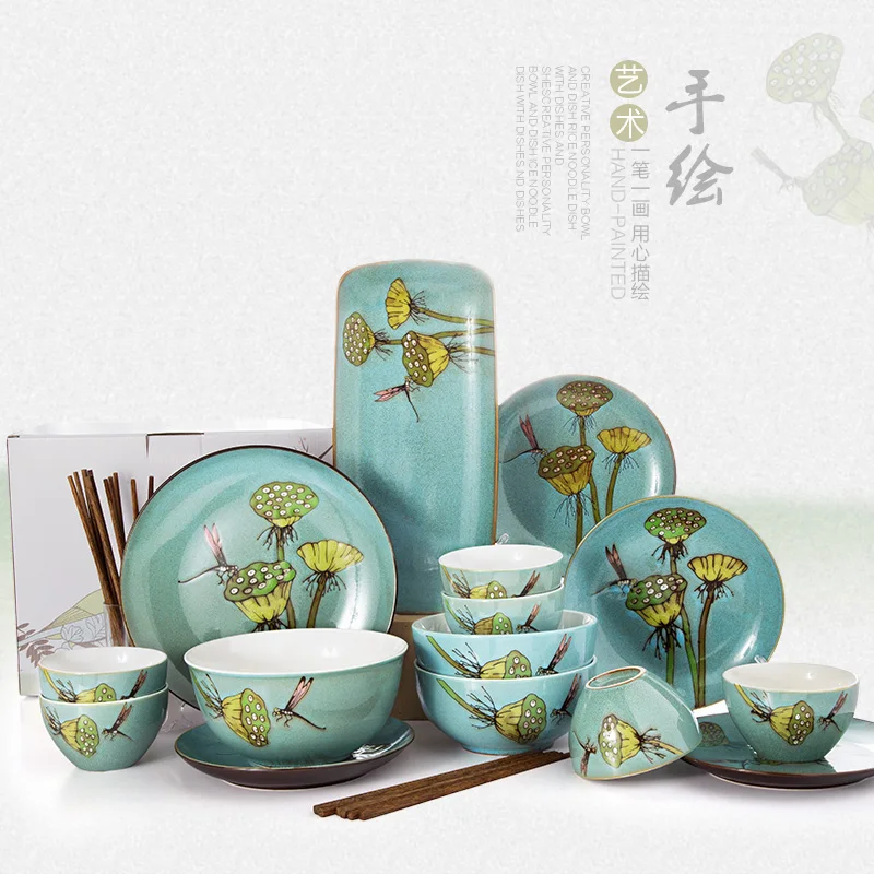 Набор керамической посуды с ручной росписью, 25 предметов, 6 человек, креативная индивидуальность, китайские домашние блюда, палочки для еды wedd