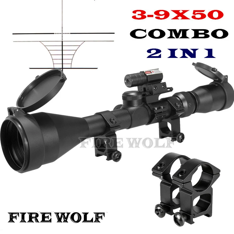 

FIRE WOLF Optical Sight 3-9X50 Riflescope Hunting Optics Y0038 25.4mm Scope Mount With Red Laser Sight DDD