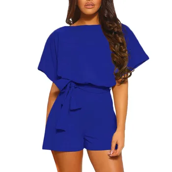 

Women sexy jumpsuits Solid O-Neck Short Sleeve Sashes Loose Wide Leg Pants Short Jumpsuit Strappy Playsuit Daily Casual c0426