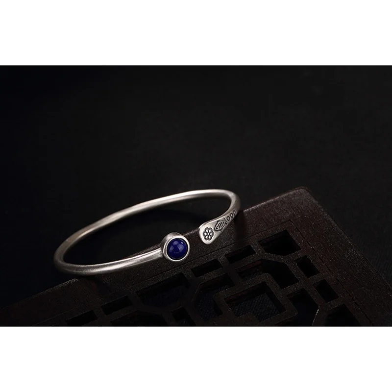 Beste Echt 925 Sterling Zilveren Vrouwen Manchet Armbanden Bangle Vis Gegraveerd Natuurlijke Lapis Ingelegd Tibetaanse Boeddhisme Sieraden