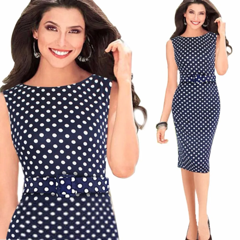 

Top Quality Summer Dress 2017 Sleeveless Vintage Polka Dot Printing Pencil Dress Women Tunic Office Wear Sheath Bodycon Dress