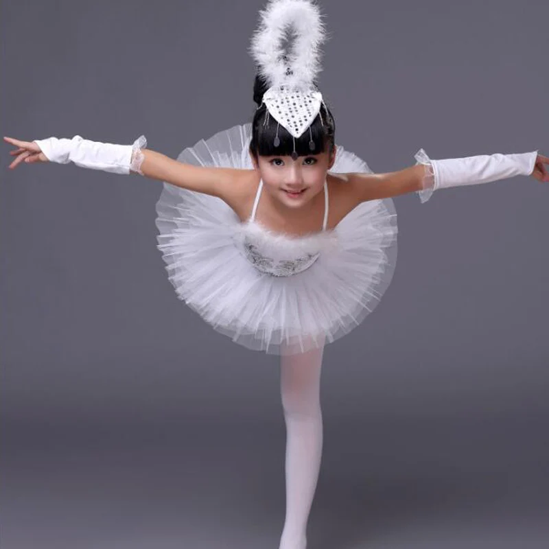 Новинка белого цвета для девочек из балета "Лебединое озеро" танцевальные костюмы; платье для детей с блестками; перо балетное платье для детей Детская Одежда для танцев, одежда - Цвет: Белый