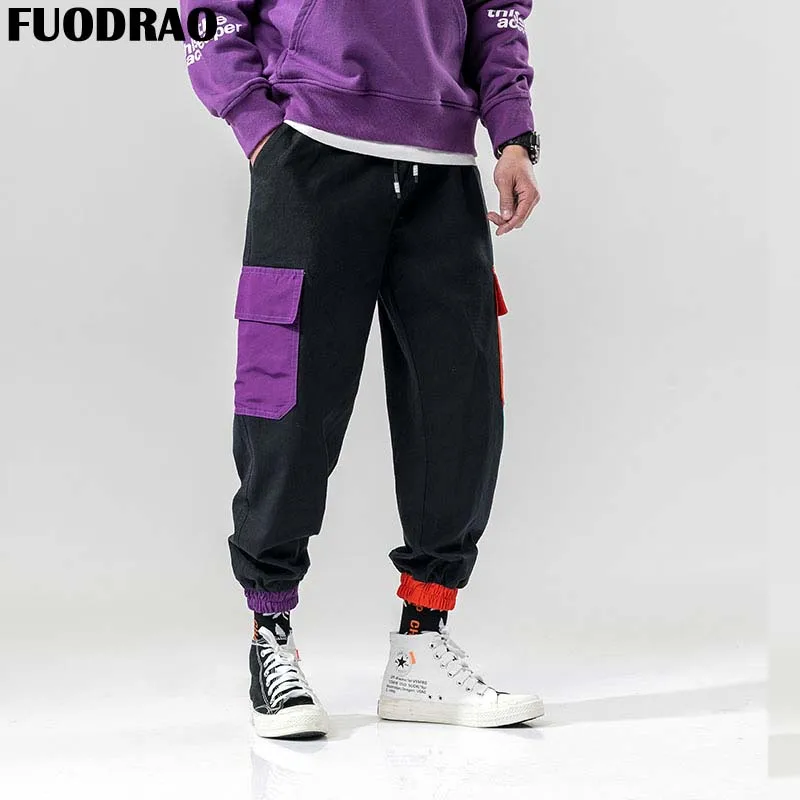 

FUODRAO Harajuku Pockets Cargo Pants Men Color Patchwork Casual Pants Fashion Loose Jogger Hip Hop Streetwear Bottoms K160