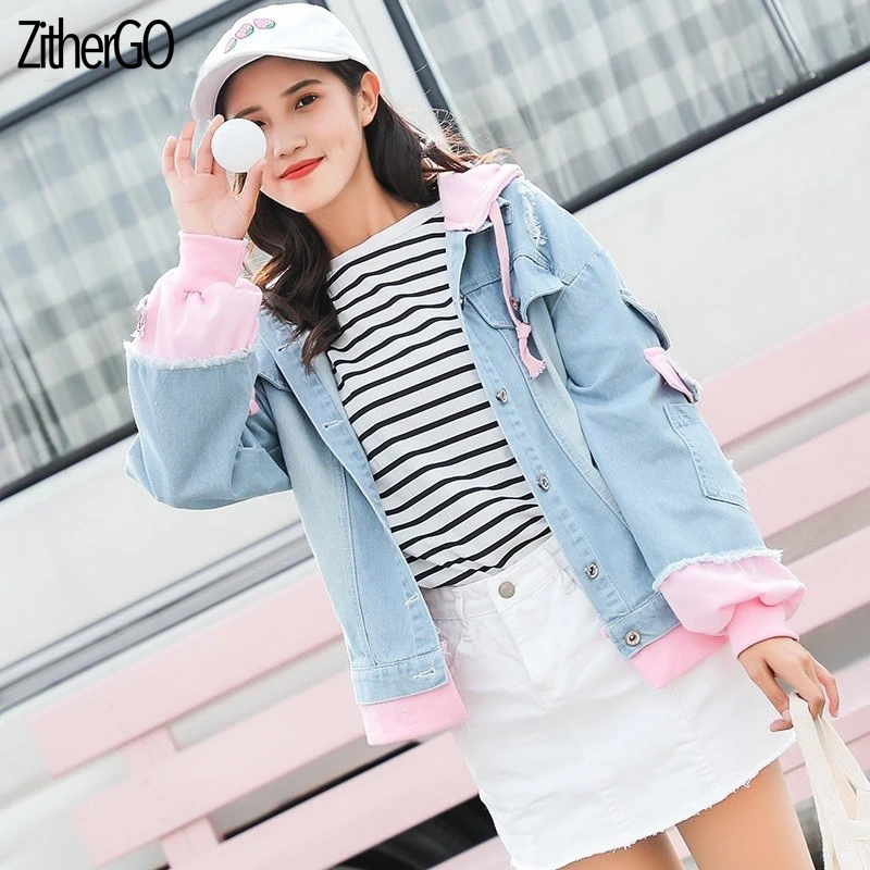 ZitherGo/Новинка 2019 года женская повседневная короткая джинсовая куртка с капюшоном