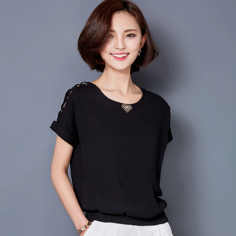 Acheter Offre Spéciale 2017 D été Femmes Blouses O cou À Manches Courtes Solid Slim Shirt Lady Casual Mousseline de Soie Douce Chemise Plus La Taille Tops 72B 25