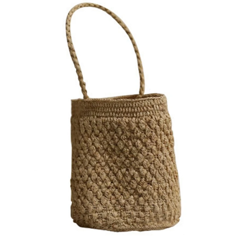 

Woven Bag Manual Straw Knit Beach Totes Bag Bucket Summer Striped Women Handbag Braided Large Basket Bag