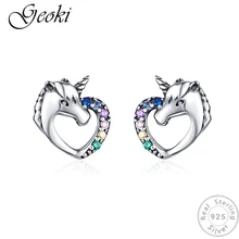 Geoki 925 пробы, серебряные, желтые и зеленые серьги-гвоздики в форме единорога с микро кубическим цирконием для девочек-подростков, роскошные ювелирные изделия