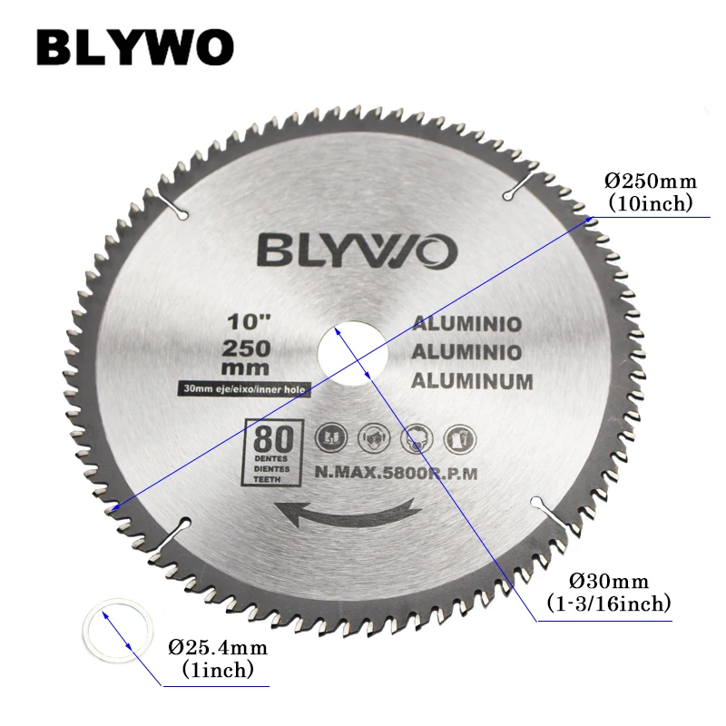 250 мм 80 зуб пильный диск с 30 мм Арбор для алюминия и цветных металлов