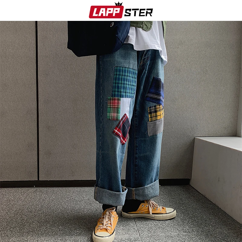 

LAPPSTER Men Ripped Distressed Jeans 2019 Men Blue Patch Denim Jeans Summer Harem Pants Designer Jeans For Men Korean Straight