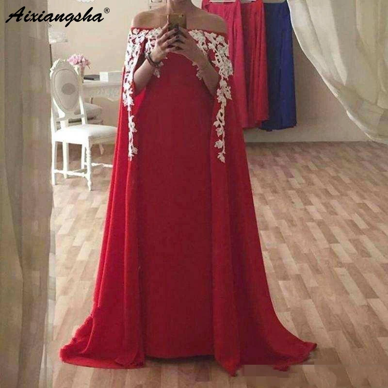 Red Muslim Evening Dresses with Cape A-Line Strapless Lace Appliques Dubai Saudi Arabic Formal Pageant Prom Evening Gowns