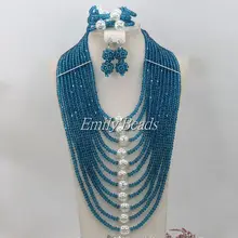 Бирюзовый синий свадебный ювелирный набор серебро нигерийские африканские хрустальные бусины ювелирный набор индийское ожерелье для невесты набор AIJ433