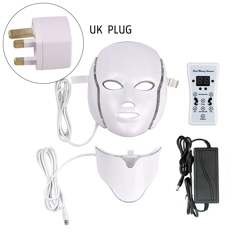 UK Plug Светодиодная маска, 7 цветов, светящаяся маска для лица, терапия, фотон, светодиодный аппарат для лица с шеей, Корея, уход за кожей, отбеливание, акне, против морщин - Цвет: UK Plug