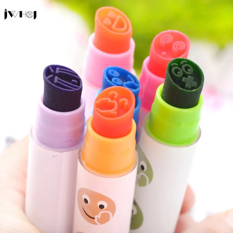 

JWHCJ (6 Style) Kids QQ expression Stamps for DIY Handmade Scrapbook Photo Album, student multifunctional Stamps fluorescent pen