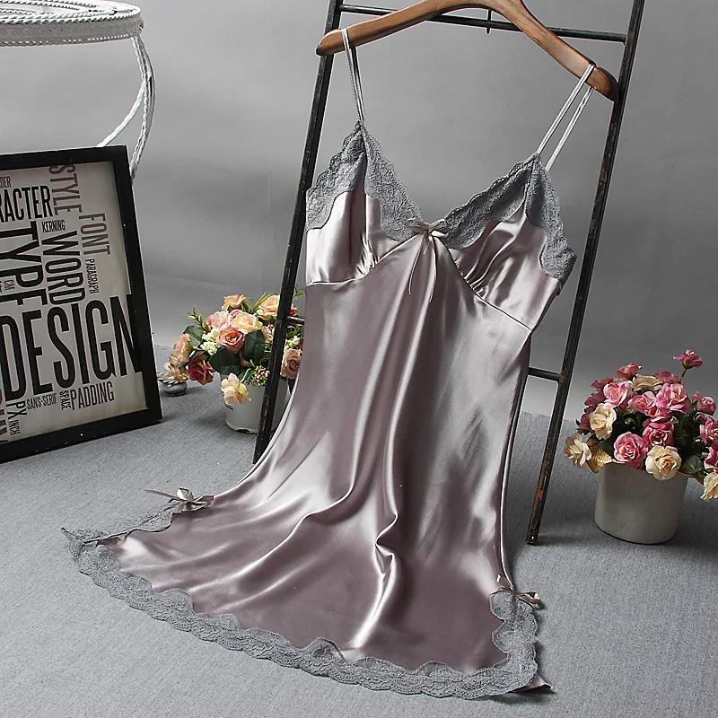 

Sexy Lace Night Dress For Women V-Neck Sleepwear Skirt Silk Nightgown Sleeveless Nightdress Ladies Nightwear