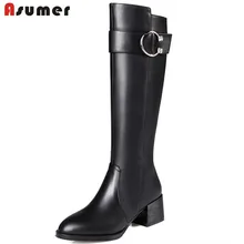 Asumer, большие размеры 34-45, обувь на высоком каблуке из натуральной кожи и PU искусственной кожи женские модные сапоги на молнии до колена, черные женские сапоги размер 34-45