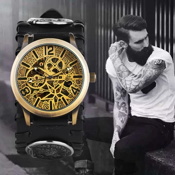 

3ATM Waterproof Watch Automatic Mechanical Skeleton Wristwatch Leather Strap Hollow Dial Punk Style horloges mannen tourbillon
