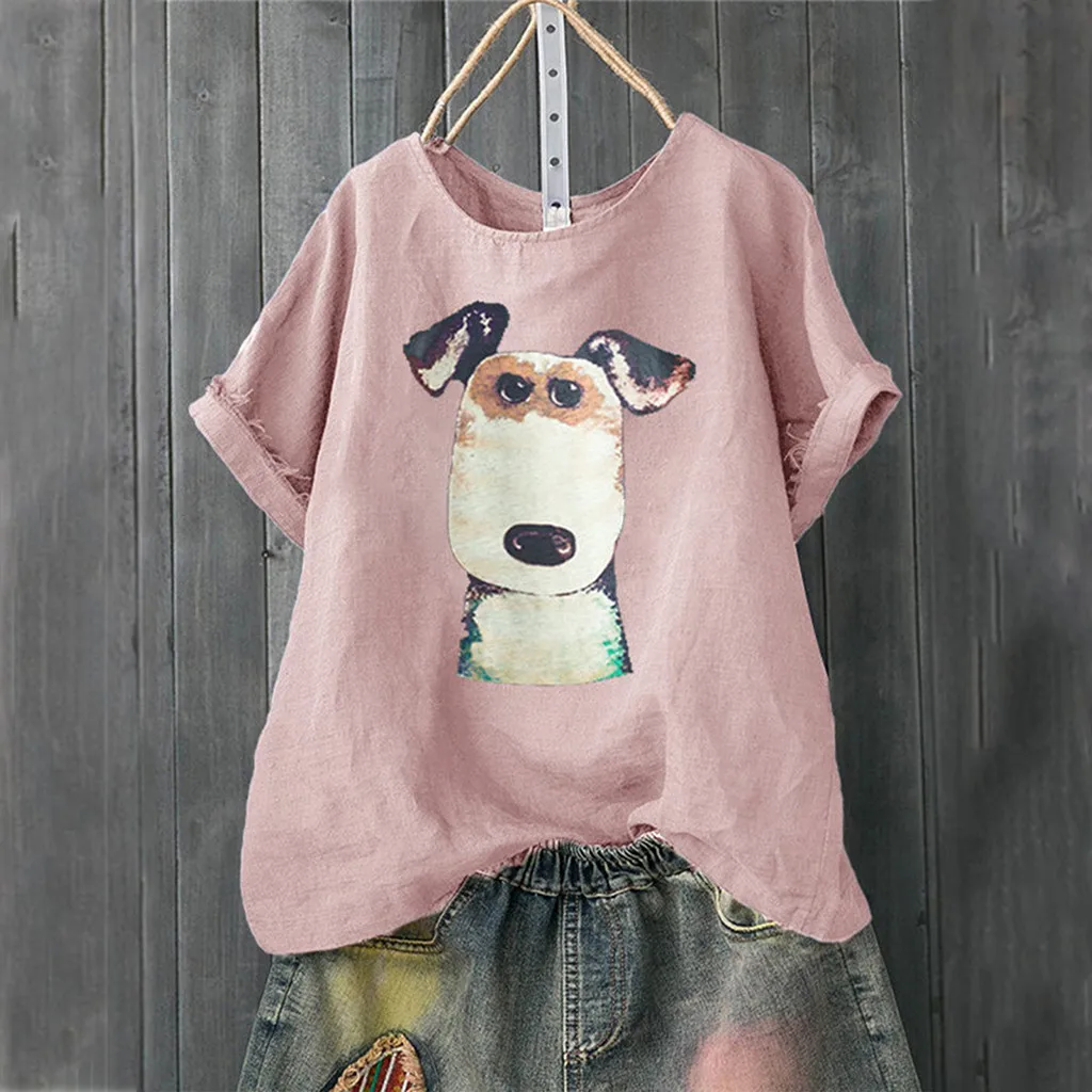 

Wild simple spring and autumn Women Casual Plus Size Dog Print Loose Linen Button Tunic Shirt Blouse Tops платье женское#72