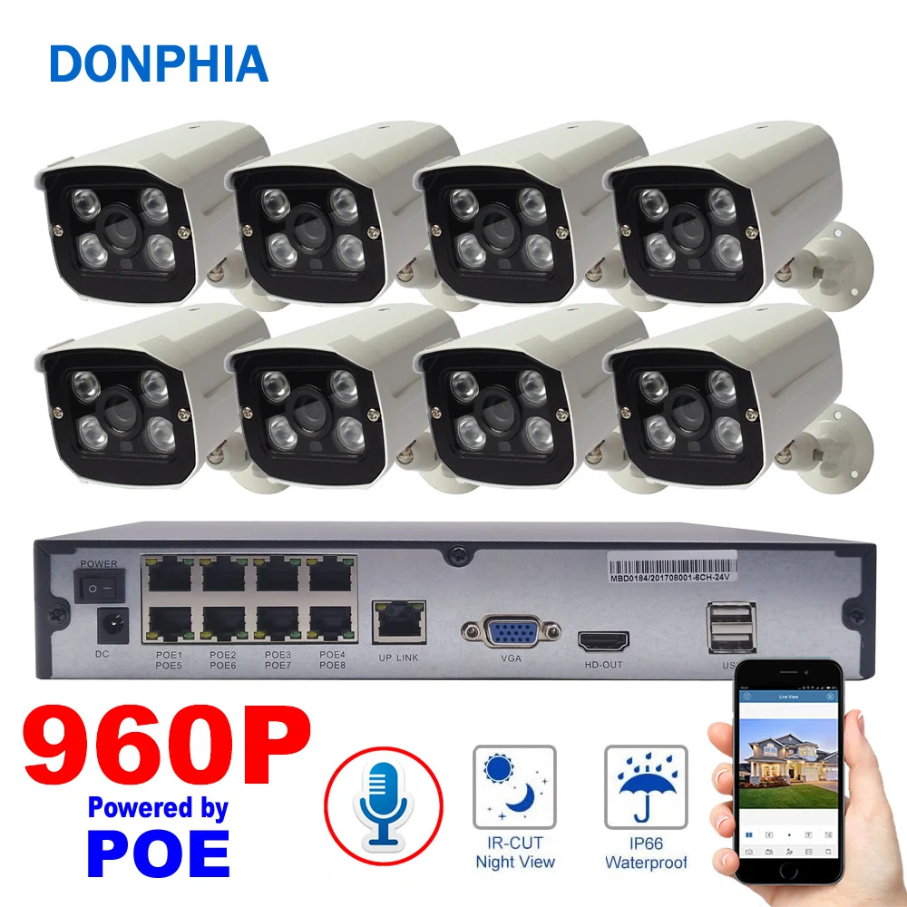 

8CH Camera System Audio POE 960P IP Camera Waterproof Voice Recording Night Vision Security System 1.3MP Surveillance System
