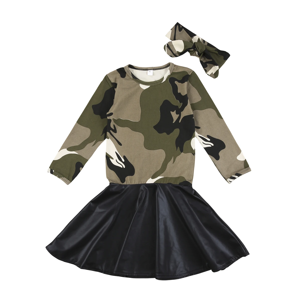 Newborn Kids Baby Girls Camouflage Long Sleeve Tops PU Dress Outfits