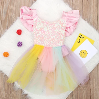 Toddler Girls Unicorn Dress Baby Girls Rainbow Colors Tulle Dress with Unicorn Lovely Kids Sundress for Unicorn Party - Цвет: Розовый