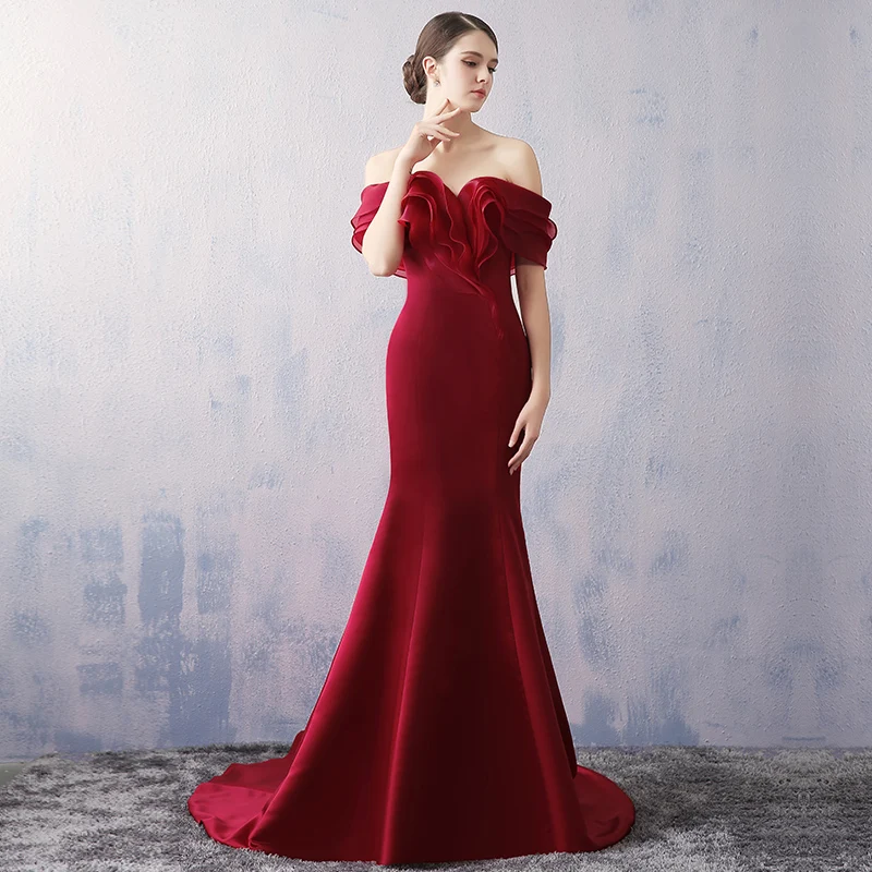 Элегантные бордовые с открытыми плечами оборки Vestidos De Festa открытой спиной