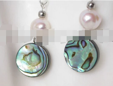 

wb00 Charming! 12mm coin Abalone shell white pearls dangle earrings 925ss