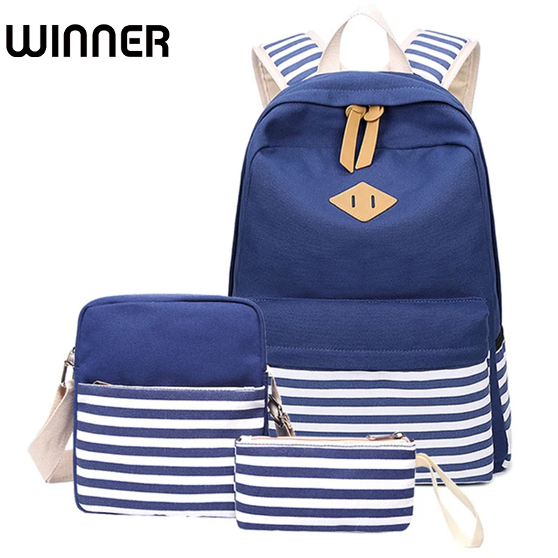 3pcs/set Canvas Stripe Women Backpack Student Bookbag with Shoulder