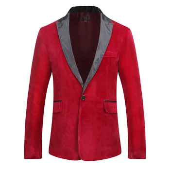 

High Quality Autumn Wine red Velvet Blazers Brand Slim Fit Notched Lapel Blazer Jacket Male Wedding Party Stage Costume Homme
