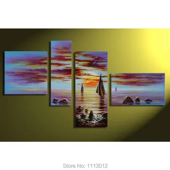 

New Modern Sea Rock Sandy Beach Sailboat Oil Painting On Canvas Abstract 4 Panel Art Set Home Decor Wall Picture For Living Room