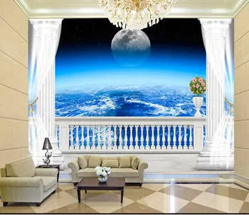 

3D stereoscopic Roman window balcony windows planet background 3D wallpaper murals living room bedroom study paper 3D wallpaper