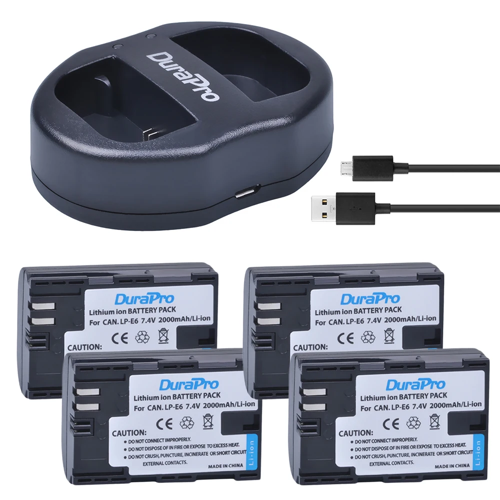 

DuraPro 4 Pack 2000mAh LP-E6 LP-E6N LP E6 LPE6 Camera Li-ion Battery + USB Dual Charger For Canon 5D Mark II III 7D 60D EOS 6D