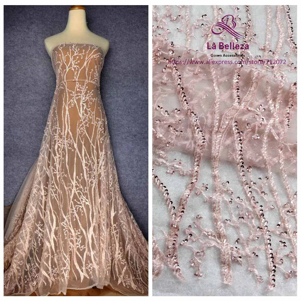 3D Floral Pearls Bridal Lace Fabric Embroidery Wedding Dress DIY Lace Trim 0.5 Y