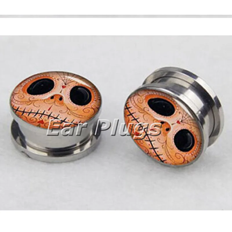 Pair of orange jack face plug gauges stainless steel screw fit ear