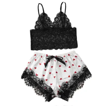 

Women's Sleepwear Sexy Satin Lace Silk Pajama Set Kawaii Polka Dot Print Underwear Shorts Outfit With Bow Lace Up Nightwear