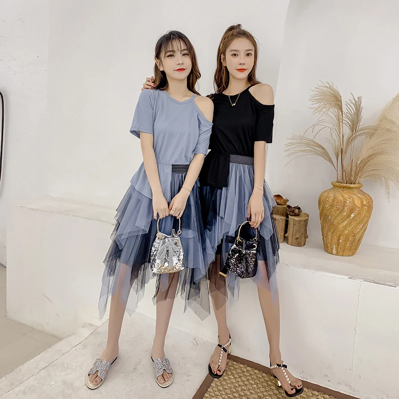 

Stylish Women New Design T Shirt Dress Irregular Mesh Patchwork Knee Length Dress Korean Party Sexy Club Dress For Women