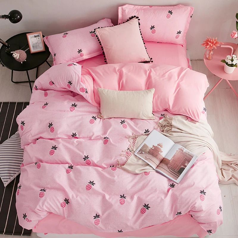 

Home Textile Duvet Cover Pillowcase Flat Bed Sheet Pineapple pink Bedding Linen Set For Children Kid Teen Girls queen bedclothes