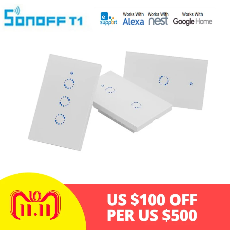 

Sonoff T1 Smart Wifi Wall Touch Light Switch 1-3 Gang Touch/WiFi/315 RF/APP Remote Controller US Smart Home Work with Alexa