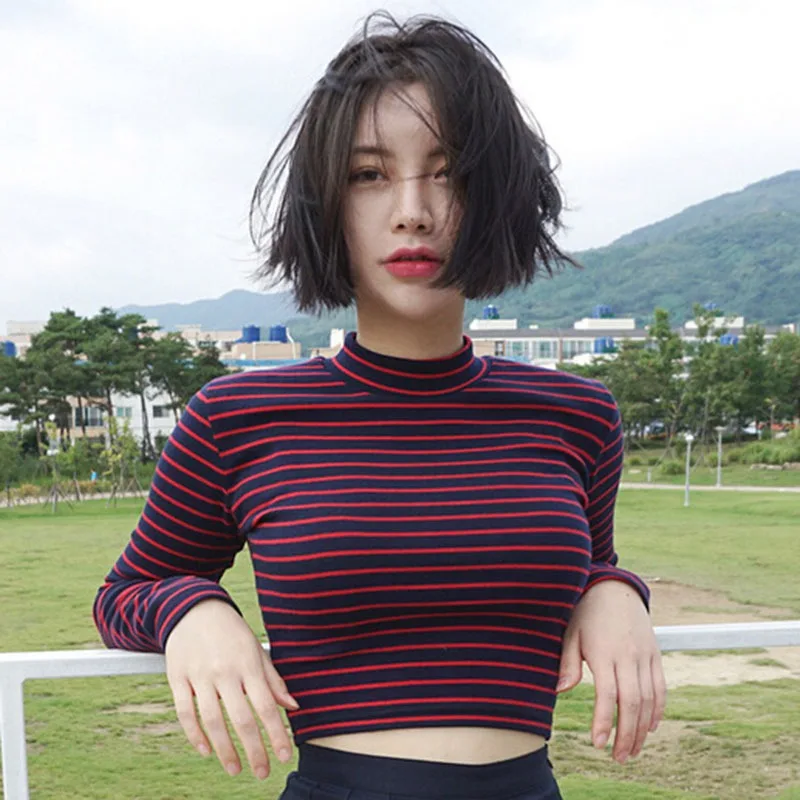 

Korean Style Long Sleeve T Shirts Women New Student T-shirt Womens Fashion Harajuku Striped Female Slim Femme
