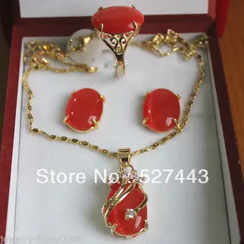 

Wholesale free shipping >>New red green stone Inlay Crystal pendant Necklace ring earring set
